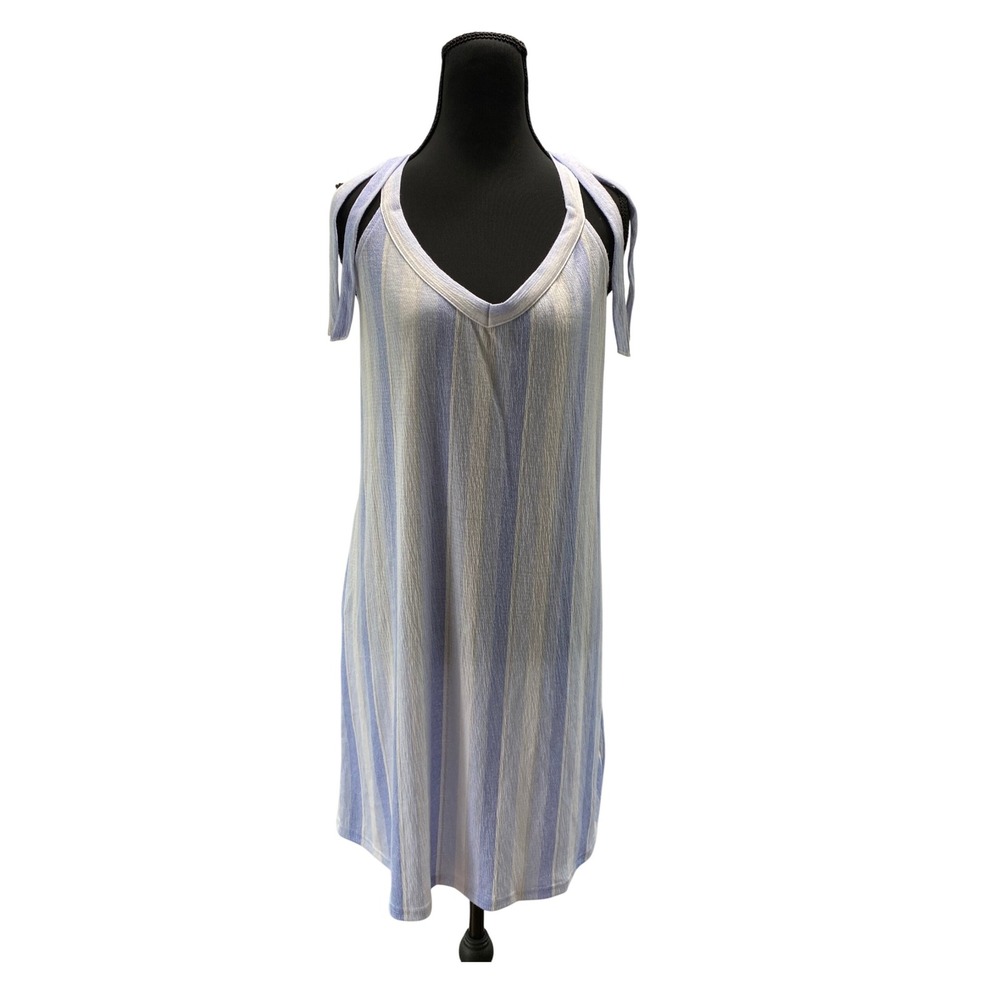 Laura Ashley Striped Shift Dress Womens Large Blue White Tie Shoulder Pockets